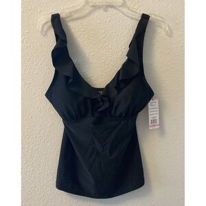 NWT DKNY Women's Ruffled Tummy Control Tankini Top Black Size Small Swimwear